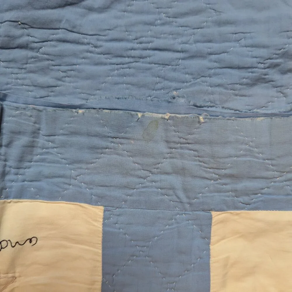 Vintage Embroidered Baby Blue & White Crib Blanket 